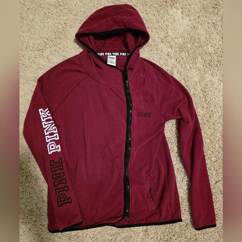 Victoria's Secret PINK Maroon Zip Hoodie with Black Trim